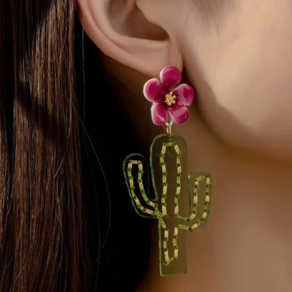 Pink Flower with Cactus Drop Earring - Bold Statement  Earrings - NEW - Picture 3 of 3